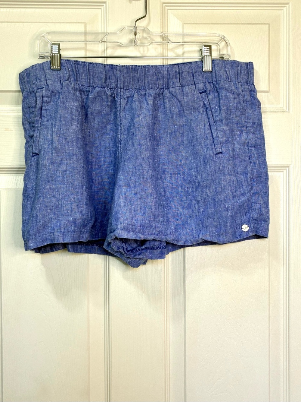 Lilly Pulitzer Linen Shorts Women’s XL Blue Pockets Logo Medallion Pull On Comfy